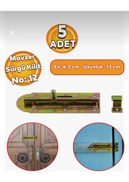 Kapı Pencere Emniyet Mandalı Kilidi Mavzer Sürgü No:12 42X120 mm (5 Adet)