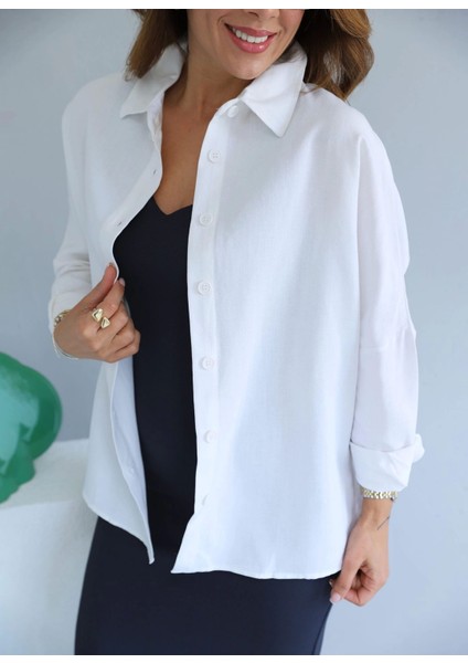 Beyaz Eteği Oval Kesim Keten Gömlek modelleri