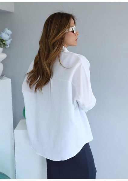 Beyaz Eteği Oval Kesim Keten Gömlek indirimleri