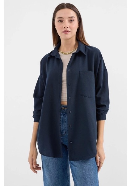 20153 Tek Cepli Oversize Keten Gömlek - Lacivert