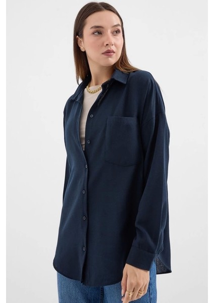 20153 Tek Cepli Oversize Keten Gömlek - Lacivert