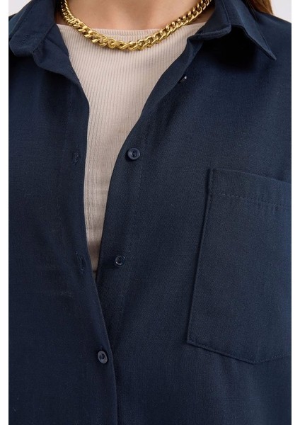20153 Tek Cepli Oversize Keten Gömlek - Lacivert