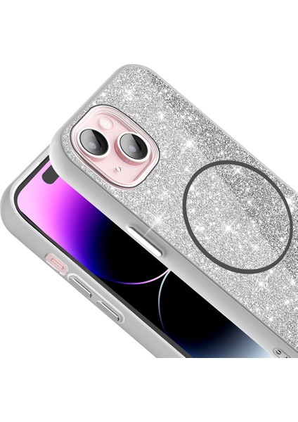 Apple iPhone 15 Kılıf Magsafe Şarj Özellikli Parlayan Simli Okso Kapak modelleri
