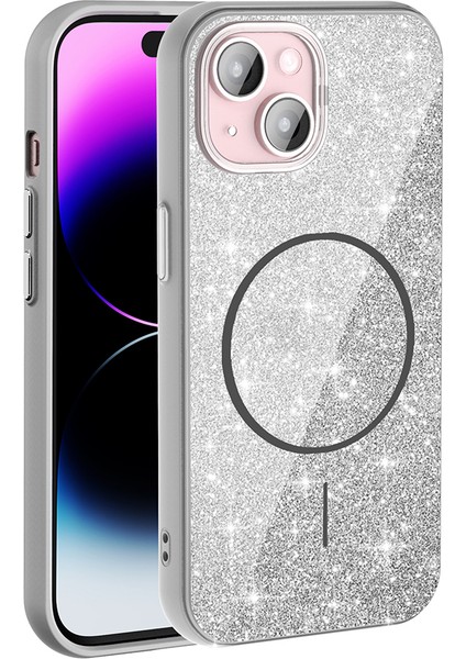 Apple iPhone 15 Kılıf Magsafe Şarj Özellikli Parlayan Simli Okso Kapak