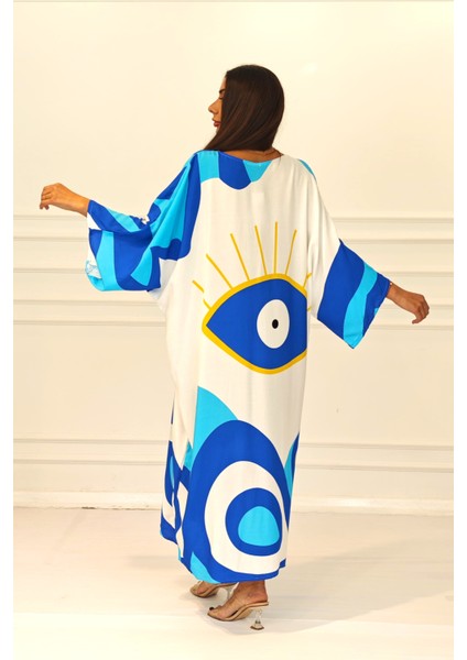 Kadın Mavi Desenli Sırtı Göz Baskılı Cepli Oversize Uzun Gömlek Elbise