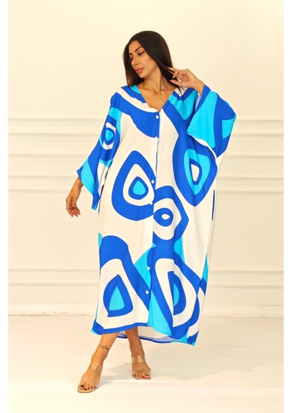 Kadın Mavi Desenli Sırtı Göz Baskılı Cepli Oversize Uzun Gömlek Elbise fiyatları
