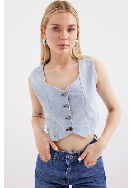 6797 Crop Kot Yelek - Mavi