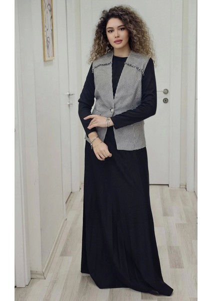 Yelekli Örme Kumaş Uzun Elbise 703-SIYAH