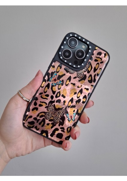 iPhone 15 Pro Max Uyumlu Leopar Desenli Taşlı Kamera Çıkıntılı Kaliteli Lüks Kılıf