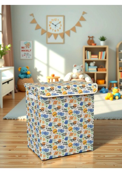 Jungle Desen Büyük Boy Kapaklı Kirli Çamaşır Oyuncak Düzenleyici Saklama Kutusu Sepeti 40X50X30