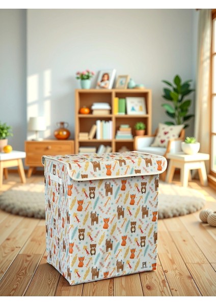 Wild Animals 2 Büyük Boy Kapaklı Kirli Çamaşır Oyuncak Düzenleyici Saklama Kutusu Sepeti 40 x 50 x 30