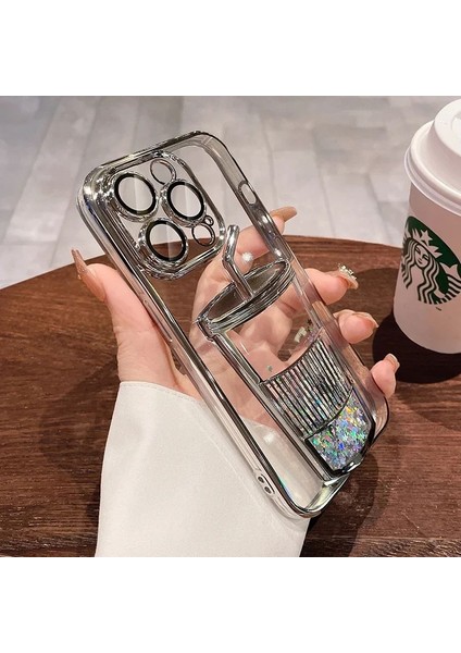 Apple iPhone 12 Pro Max Gümüş Sulu ve Simli Coffee Figürlü Telefon Kılıfı