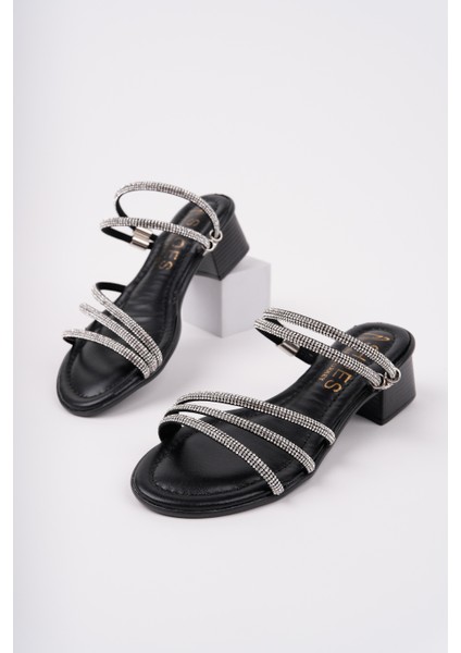 BA04571 Siyah Kız Çocuğu 3 Taşlı Abiye Terlik ve 4 cm Topuklu Ayakkabı - 35