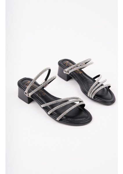 BA04571 Siyah Kız Çocuğu 3 Taşlı Abiye Terlik ve 4 cm Topuklu Ayakkabı - 35