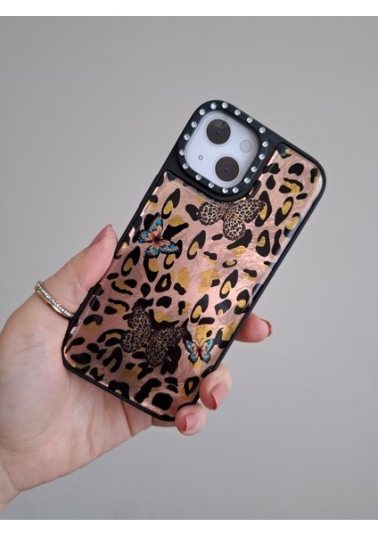 iPhone 15 Uyumlu Leopar Desenli Taşlı Kamera Çıkıntılı Kaliteli Lüks Kılıf