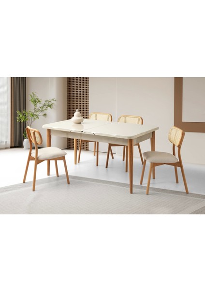 Ahşap Salon Yemek Masa Sandalye Takımı 4 Sandalyeli Ortadan Açılır Büyüyen Krem 70 x 120 cm