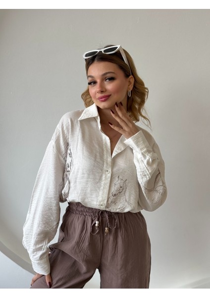 Ekru -Kahverengi At Desenli Düğmeli Gömlek