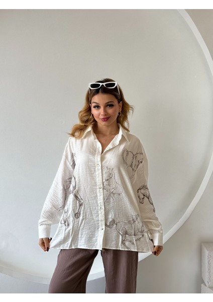 Ekru -Kahverengi At Desenli Düğmeli Gömlek fiyatları