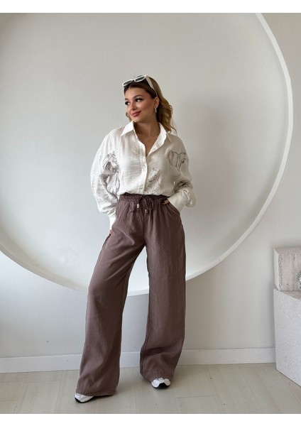 Ekru -Kahverengi At Desenli Düğmeli Gömlek modelleri