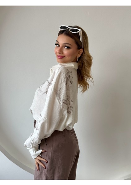 Ekru -Kahverengi At Desenli Düğmeli Gömlek indirimleri