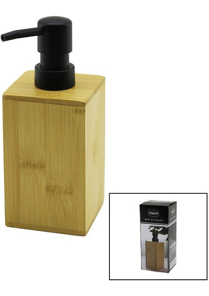 Kare Ahşap Bambu Sıvı Sabunluk Siyah Plastik Pompa 7 x 7 cm - Y: 12 cm