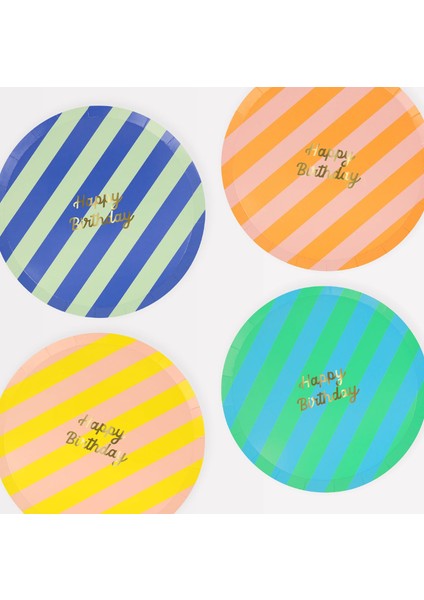 - Stripe Happy Birthday Side Plates - Çizgili Happy Birthday Tabaklar (M) ( x 8)