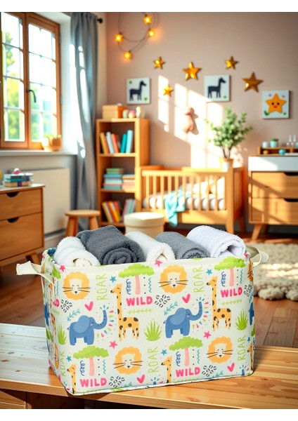 Elephant Desenli Çok Amaçlı Dolap Içi Düzenleyici Dekoratif Dikdörtgen Düzenleyici Sepet 30 x 22 x 18