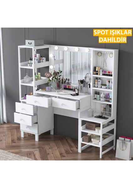 BJ154 Hollywood Işıklı Aynalı Kulis Makyaj Masası 5 Çekmeceli Açık Raflı Takı Düzenleyici Beyaz