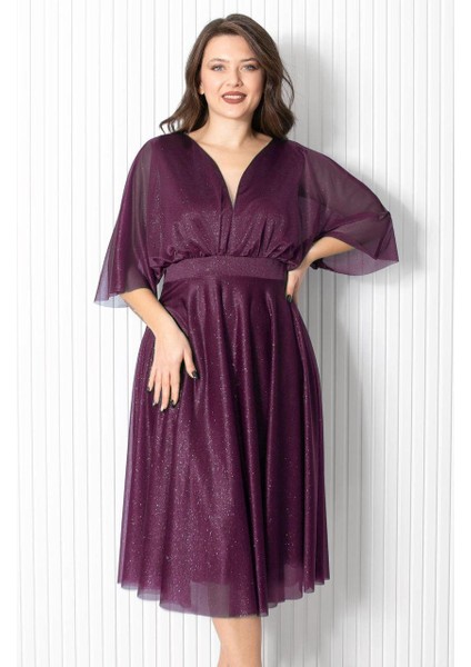 Simli Tül Abiye Elbise Mürdüm FHM902