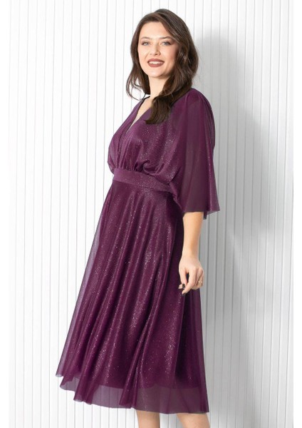 Simli Tül Abiye Elbise Mürdüm FHM902 modelleri