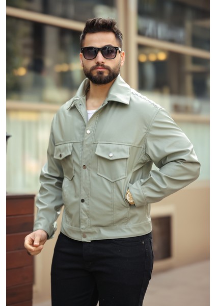 Erkek Baharlık Göğüs Cepli Deri Ceket