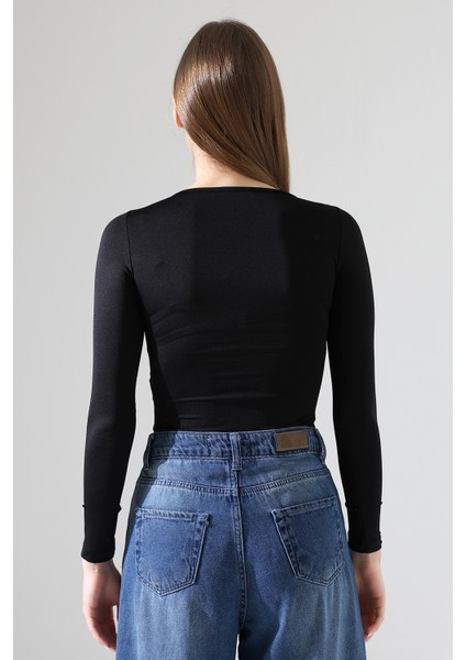 Bisiklet Yaka Uzun Kollu Altı Külotlu ve Çıt Çıtlı Kadın Atlet T-Shirt 21941 Siyah