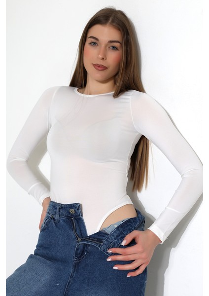Bisiklet Yaka Uzun Kollu Altı Külotlu ve Çıt Çıtlı Kadın Atlet T-Shirt 21941 Ekru