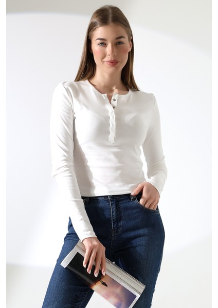 Pamuk Çıt Çıtlı Yaka Slim Fit Basic Düz Ribana Uzun Kollu T-Shirt 21947 Ekru