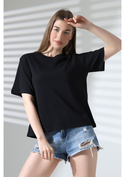 Pamuk Ribana Kumaş Bisiklet Yaka Kısa Kol Oversize Basic Düz Kadın T-Shirt 21964 Siyah
