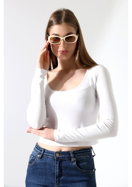 Uzun Kollu U Dantel Yaka Crop Kesim Basic Düz Kadın T-Shirt 21946 Beyaz