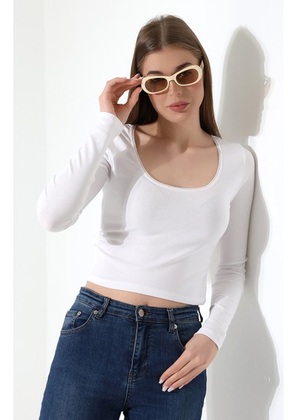 Uzun Kollu U Dantel Yaka Crop Kesim Basic Düz Kadın T-Shirt 21946 Beyaz