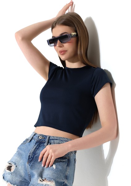 Soft Touch Bisiklet Yaka Kısa Kollu Crop Kesim Basic Düz Kadın T-Shirt 21974 Lacivert modelleri
