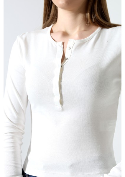 Pamuk Çıt Çıtlı Yaka Slim Fit Basic Düz Ribana Uzun Kollu T-Shirt 21947 Ekru fiyatları