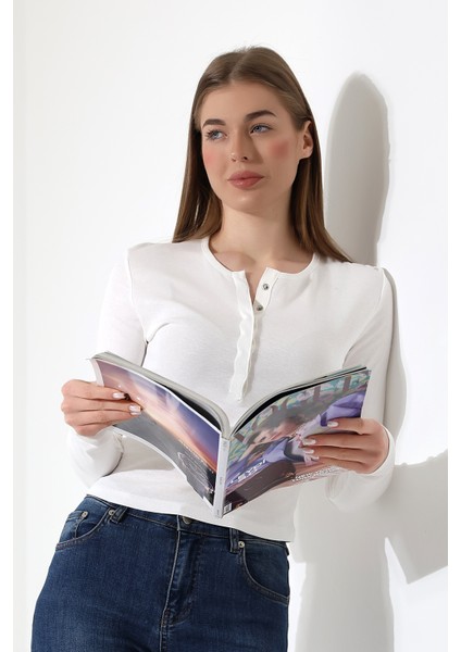 Pamuk Çıt Çıtlı Yaka Slim Fit Basic Düz Ribana Uzun Kollu T-Shirt 21947 Ekru modelleri