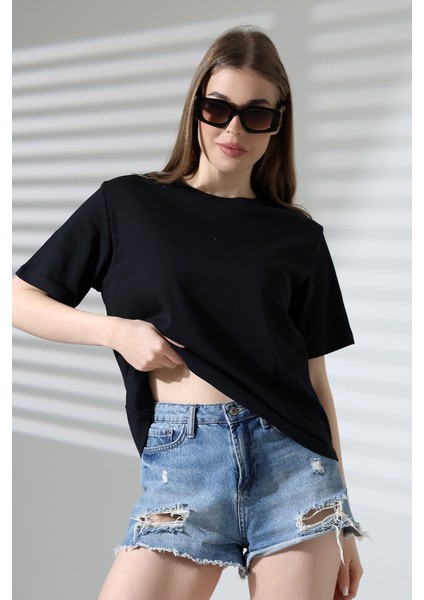 Pamuk Ribana Kumaş Bisiklet Yaka Kısa Kol Oversize Basic Düz Kadın T-Shirt 21964 Siyah