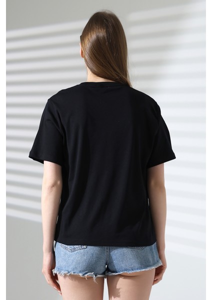 Pamuk Ribana Kumaş Bisiklet Yaka Kısa Kol Oversize Basic Düz Kadın T-Shirt 21964 Siyah