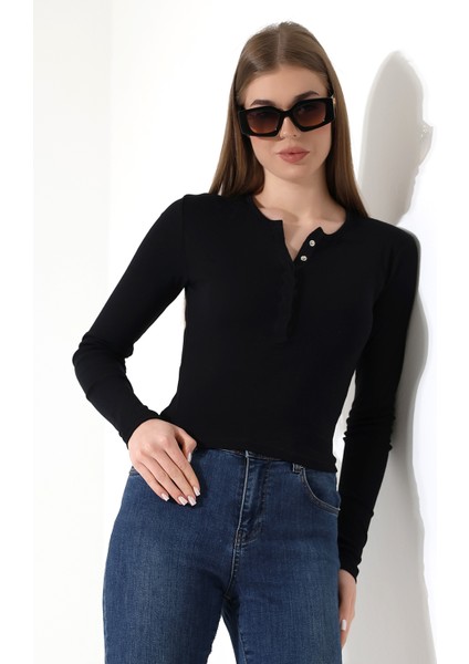 Pamuk Çıt Çıtlı Yaka Slim Fit Basic Düz Ribana Uzun Kollu T-Shirt 21947 Siyah