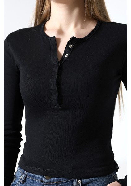 Pamuk Çıt Çıtlı Yaka Slim Fit Basic Düz Ribana Uzun Kollu T-Shirt 21947 Siyah fiyatları