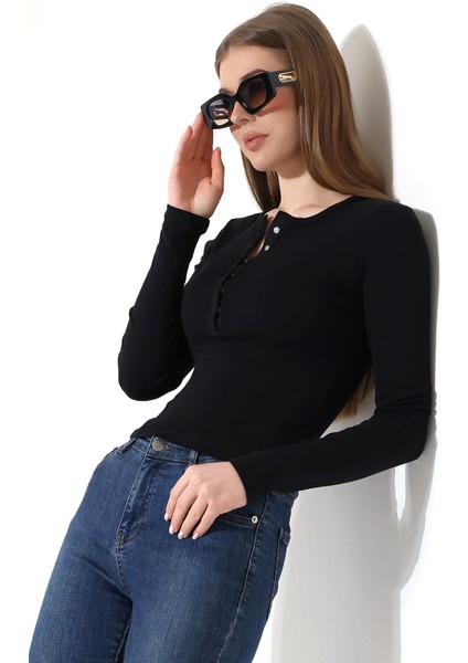Pamuk Çıt Çıtlı Yaka Slim Fit Basic Düz Ribana Uzun Kollu T-Shirt 21947 Siyah modelleri