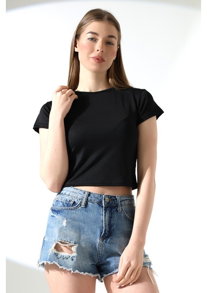 Soft Touch Bisiklet Yaka Kısa Kollu Crop Kesim Basic Düz Kadın T-Shirt 21974 Siyah
