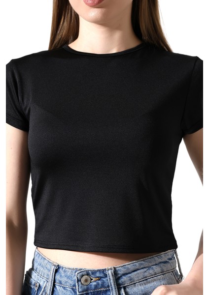 Soft Touch Bisiklet Yaka Kısa Kollu Crop Kesim Basic Düz Kadın T-Shirt 21974 Siyah modelleri