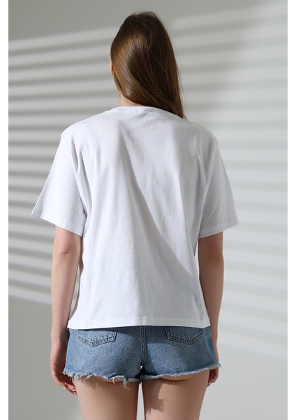 Pamuk Ribana Kumaş Bisiklet Yaka Kısa Kol Oversize Basic Düz Kadın T-Shirt 21964 Beyaz