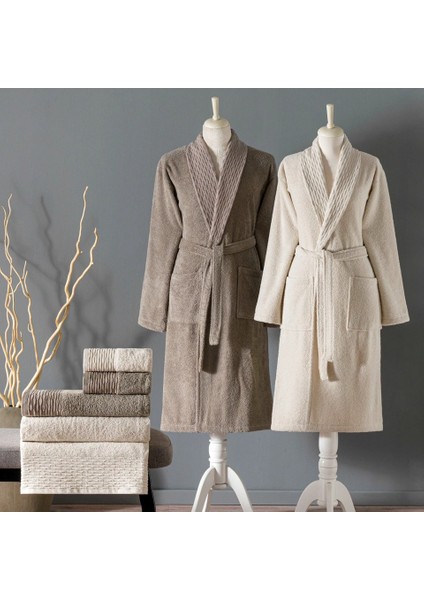 Blaze Pure Cotton Pamuk Aile Bornoz Seti Bej-Kahverengi (M-L)