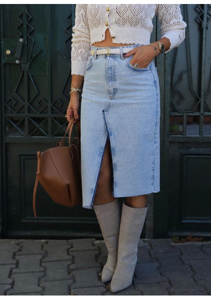 Mavi Ön Arka Yırtmaç Detay Asimetrik Jean Etek fiyatları